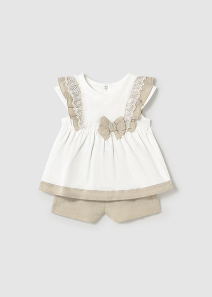 Conjunto bermuda combinado lino bebé niña
