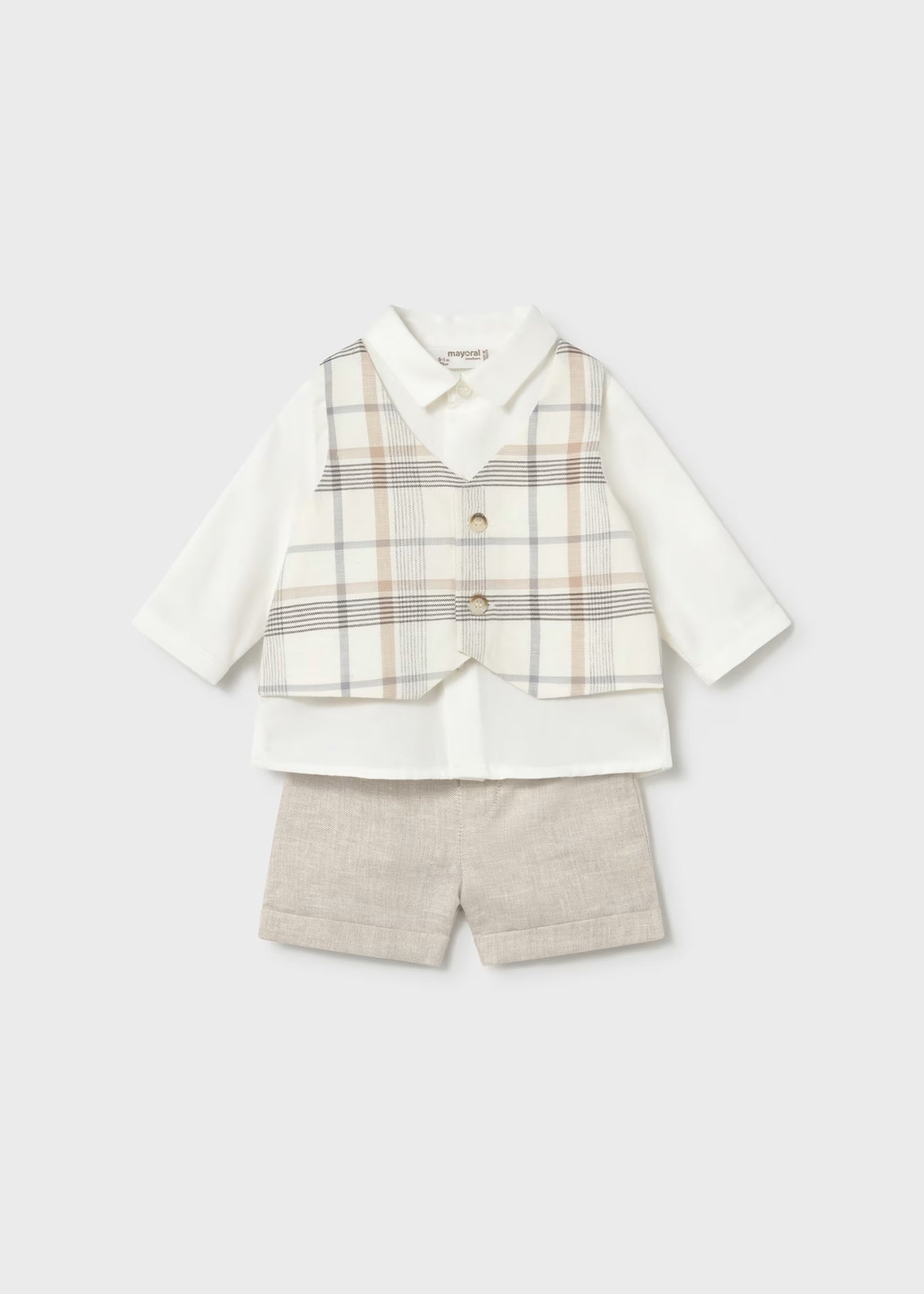 Conjunto pantalón corto y camisa con chaleco recién nacido